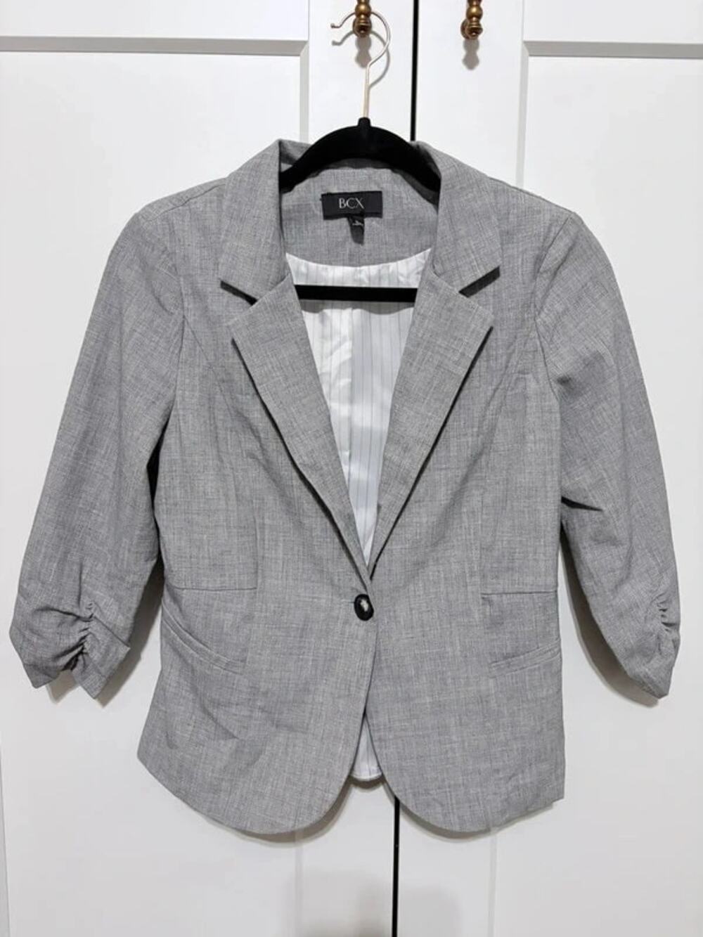 Preppy Office Siren Tailored Grey Blazer with Ruched Sleeves Size S by BCX